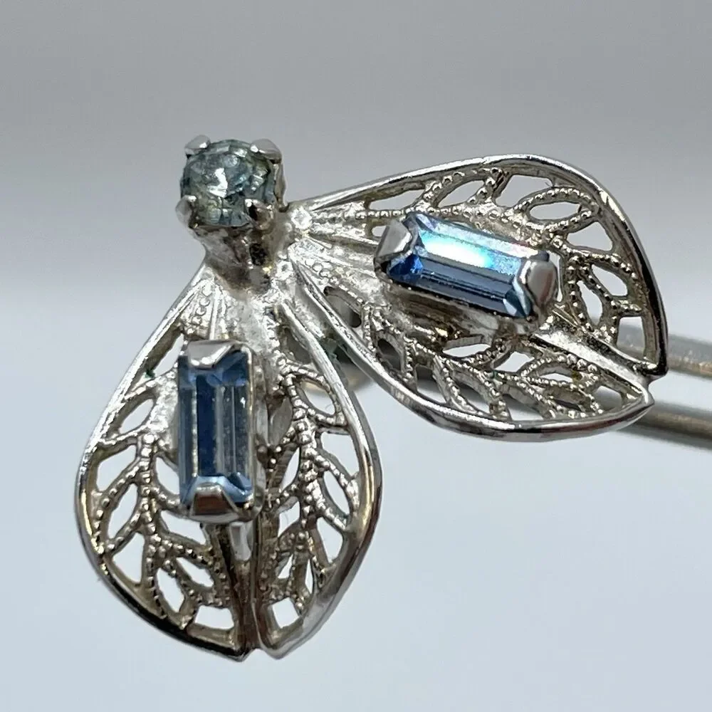 Silver Tone Screw Back Earrings Blue Rhinestone Filigree Butterfly Shape Boho